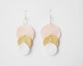 Crochet earrings, textile jewelry, three circles, handmade, finished product, pink, brass, white