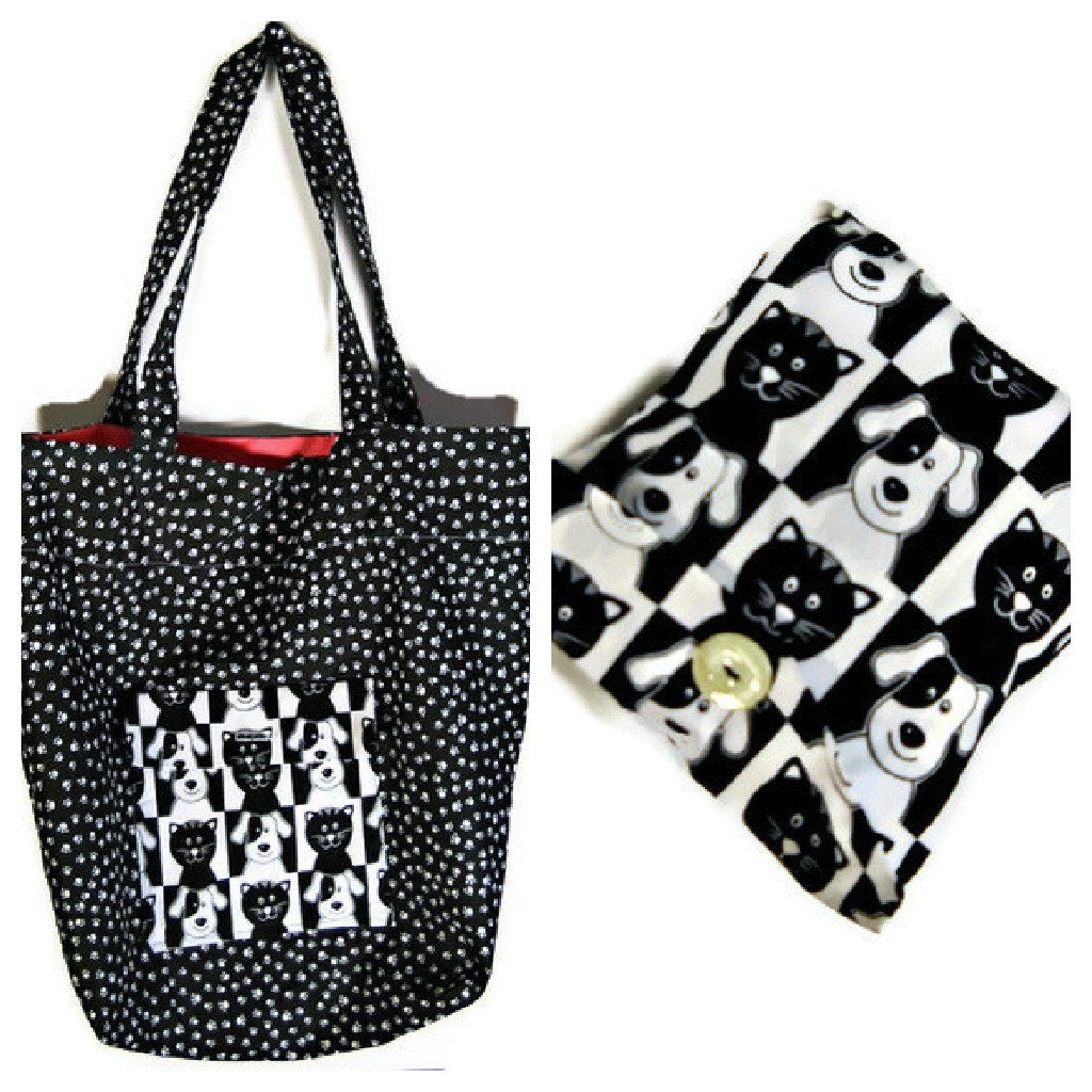 Cats and Dogs-oh My - Fold up Tote Bag - Easy Tote - Free Shipping - ECO Shopping Bag -TAGT
