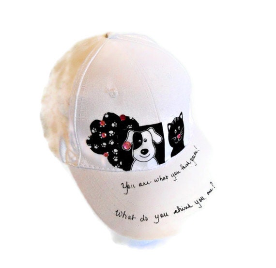 White Baseball Cap - Black and White Dog and Cat Fabric Accent-  Affirmation - Bling - Womens Cap-TAGT