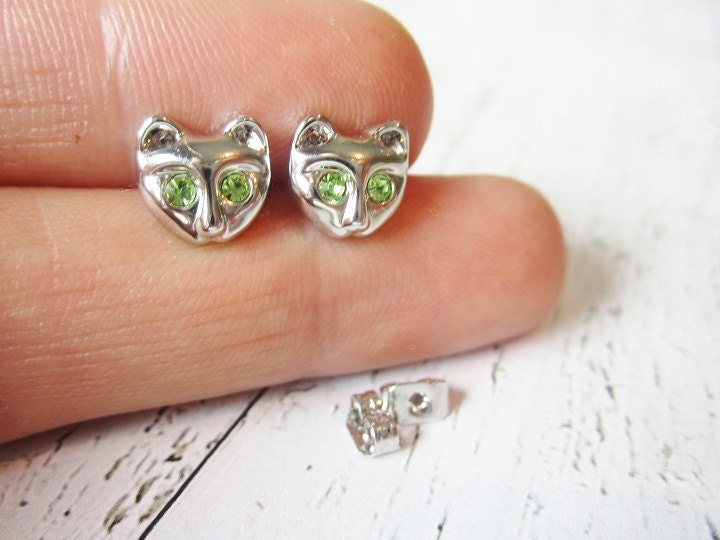 NEW -  Itty Bitty Shiny Cats - Very Sweet Cat Earrings With  Green Crystals.