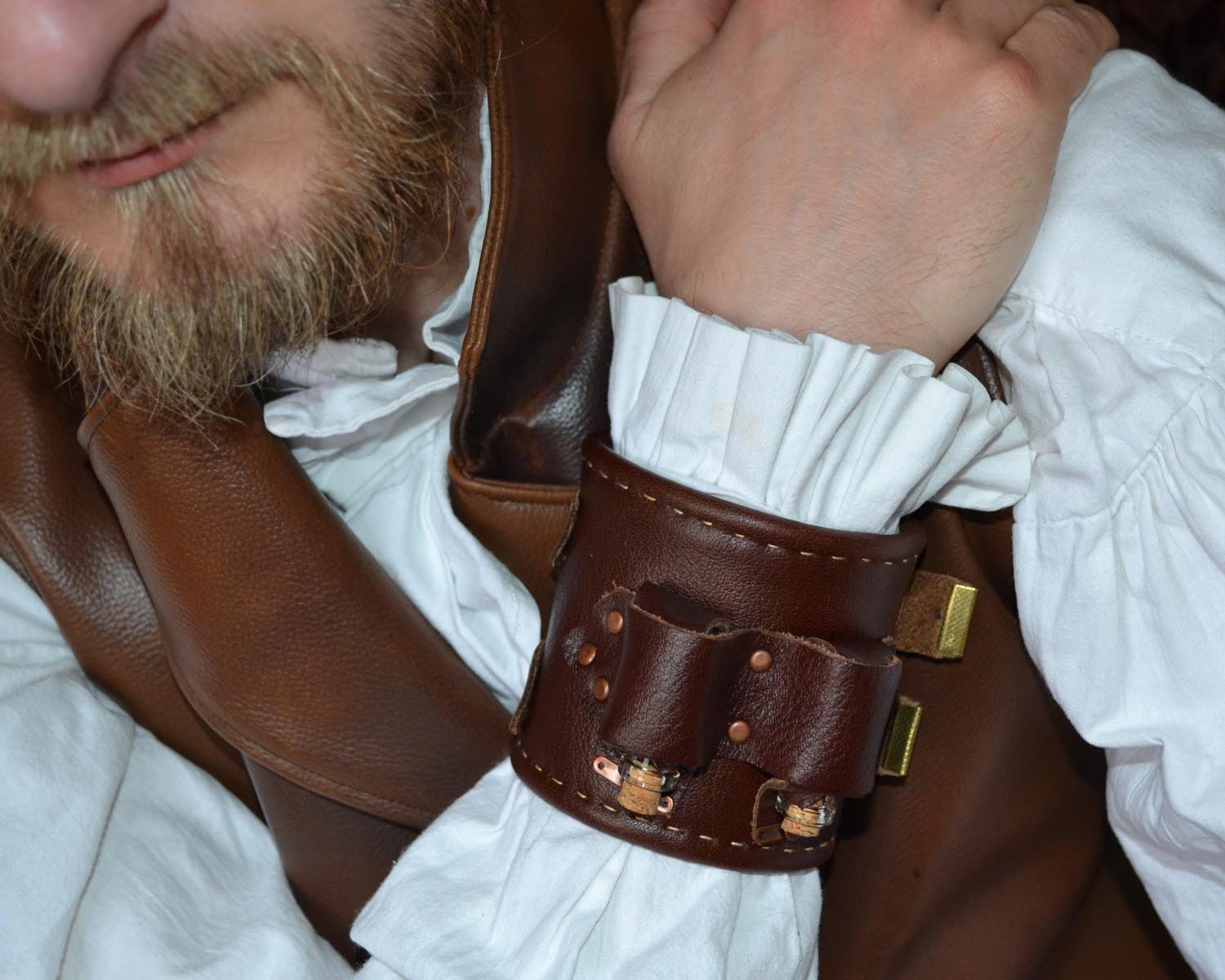 Men's Steampunk Apothecary Bracer - leather cuff with bottles and brass buckles