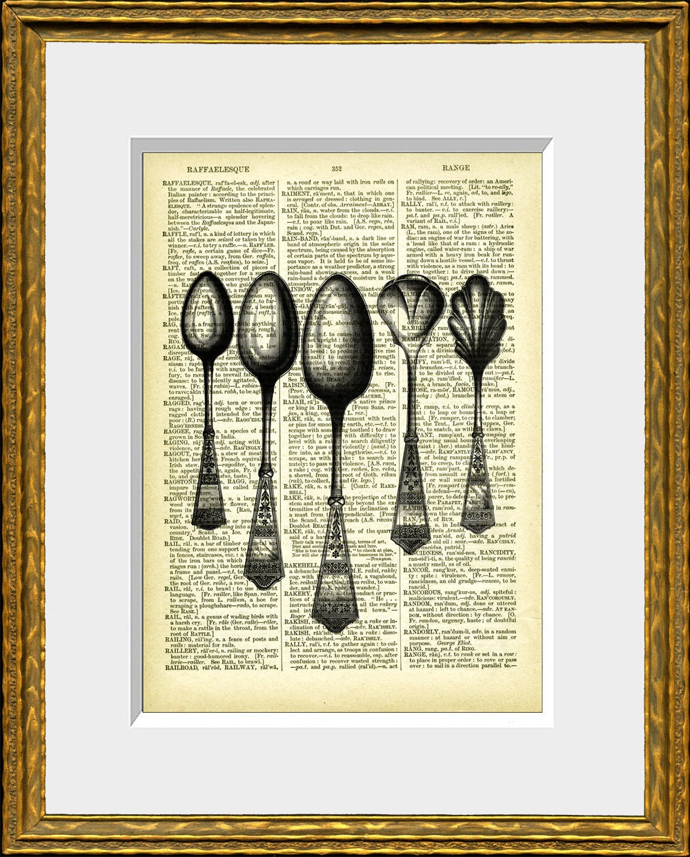 SPOONS recycled book page art print - an antique dictionary page with a vintage utinsels illustration - home decor - vintage charm