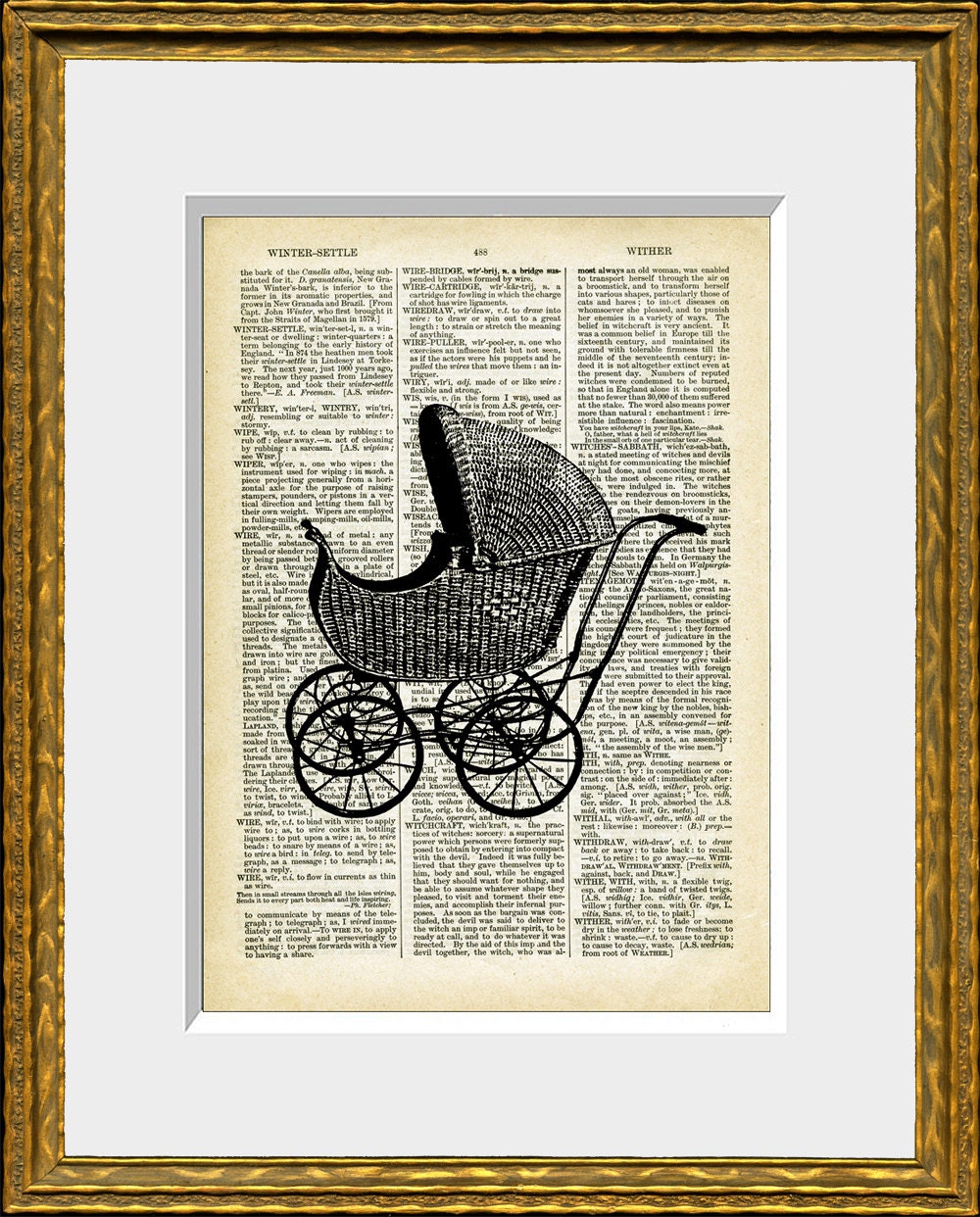 BABY CARRIAGE dictionary page art print - upcycled antique dictionary page with a vintage baby carriage illustration - home decor