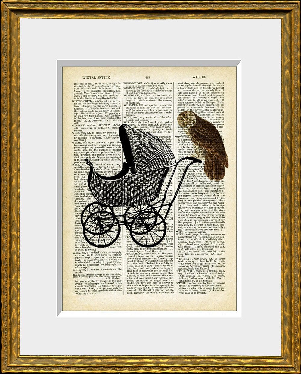 BABY CARRIAGE with OWL dictionary page art print - upcycled antique dictionary page with a babysitting owl on the carriage - home decor