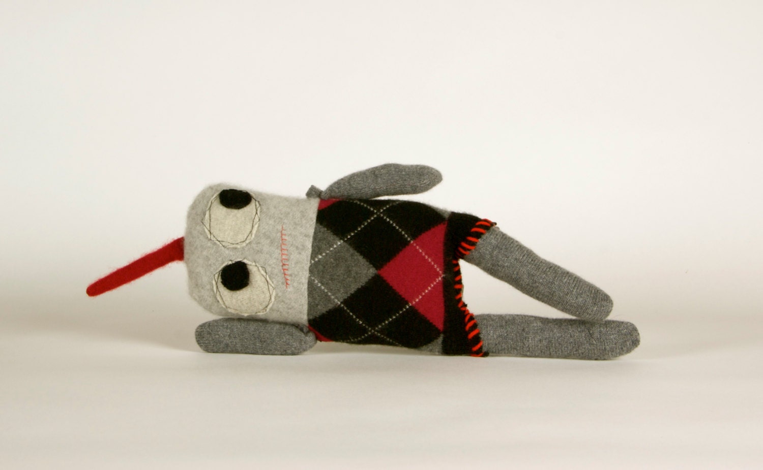 Snuggly Ugly cashmere monster, Argyle print in red and black cashmere