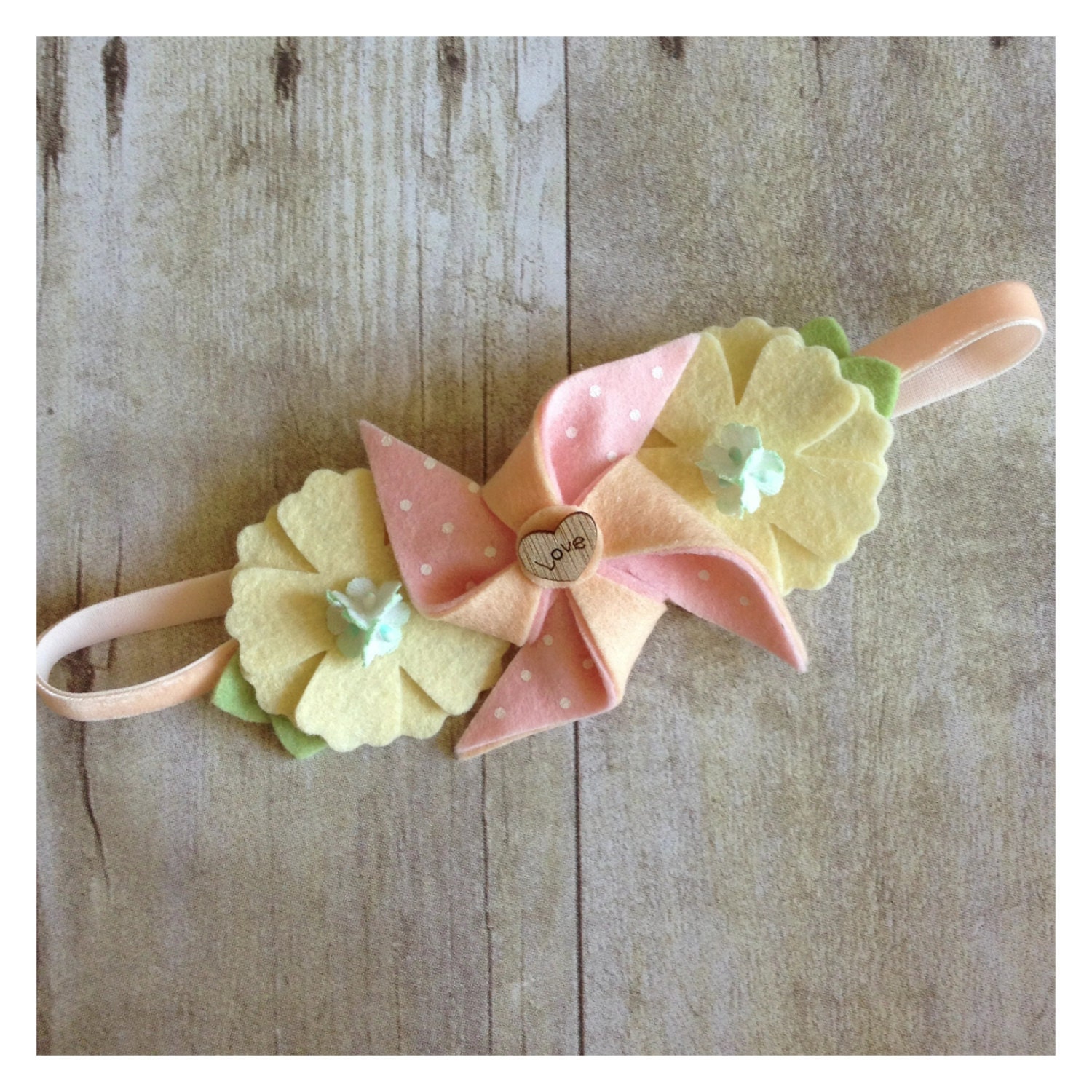 Sweet Pea-Love wool felt pinwheel and flower baby headband