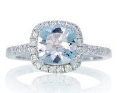 14K White Gold Custom Cushion Cut Diamond Halo Alternative Aquamarine Engagement Ring Bridal Wedding Anniversary Jewelry