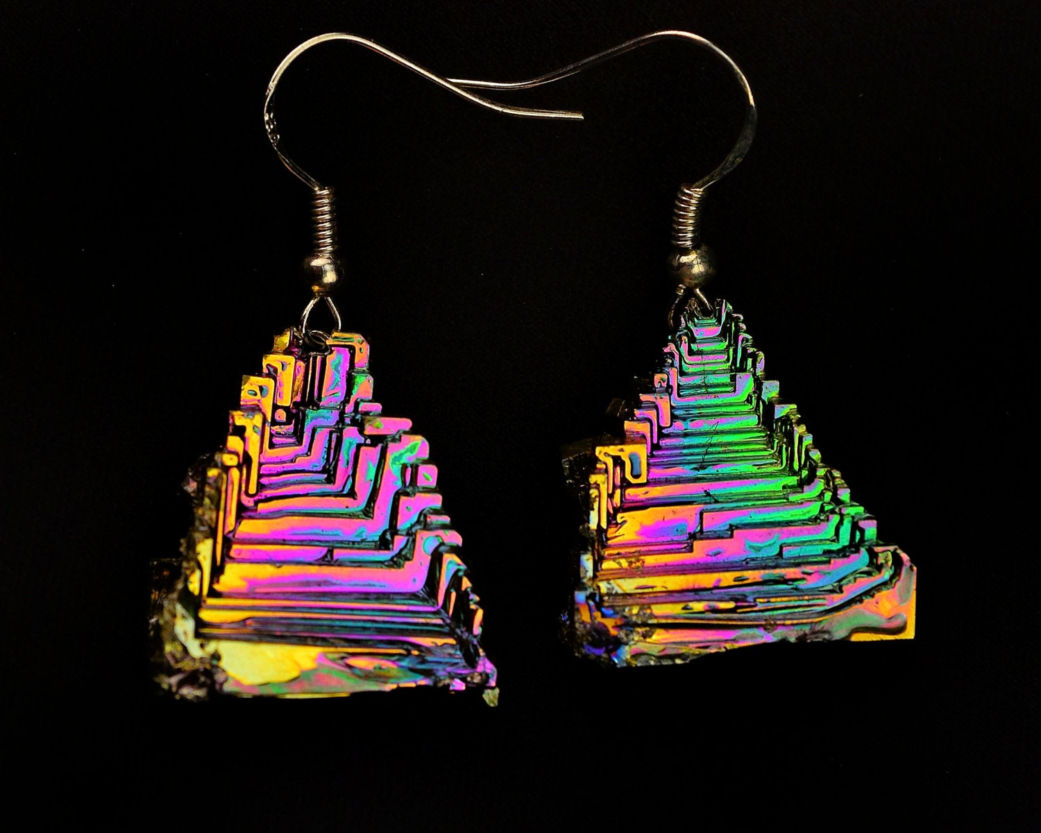 Pyramids of Spring,  Iridescent Bismuth Crystal and Sterling Silver Earrings, Unique, Fractal, Artistic Jewelry