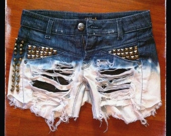 XS high waisted ombre studded shorts - acid washed and destroyed