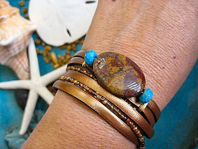 Metallic Copper Double Wrap Leather Stacking Beaded Bracelet with Jasper, Turquoise and Pearls... Magnetic Clasp ...