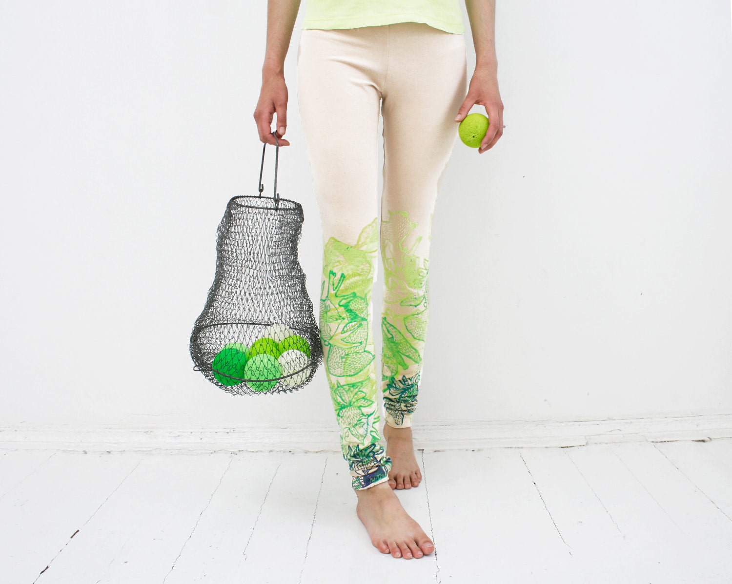 Live green - beige leggings with lime green print