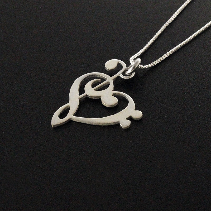 G clef bass clef heart Necklace silver music note Treble clef Pendant charm necklace music note necklace with 925 Sterling Silver Chain