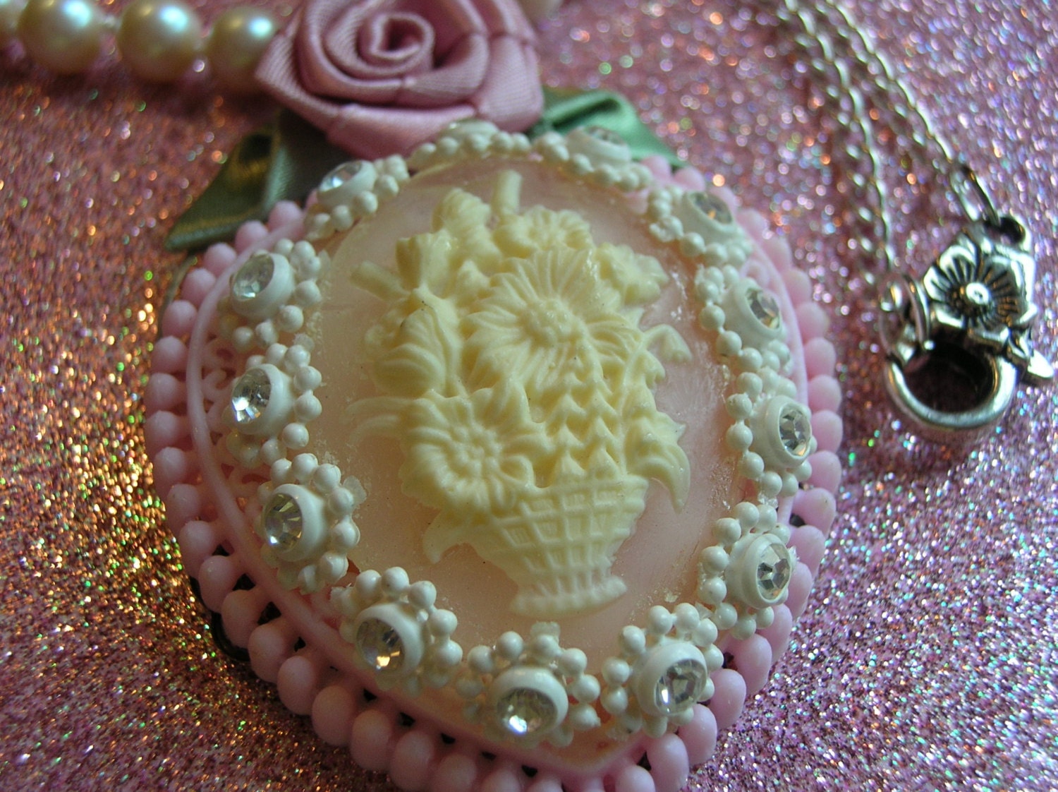 SALE 20% OFF EVERYTHING-Vintage Repurposed Upcycled Jewelry Assemblage Necklace-Pink Cameo-Pearl-Rhinestone-Heart-Sweet Shabby Chic