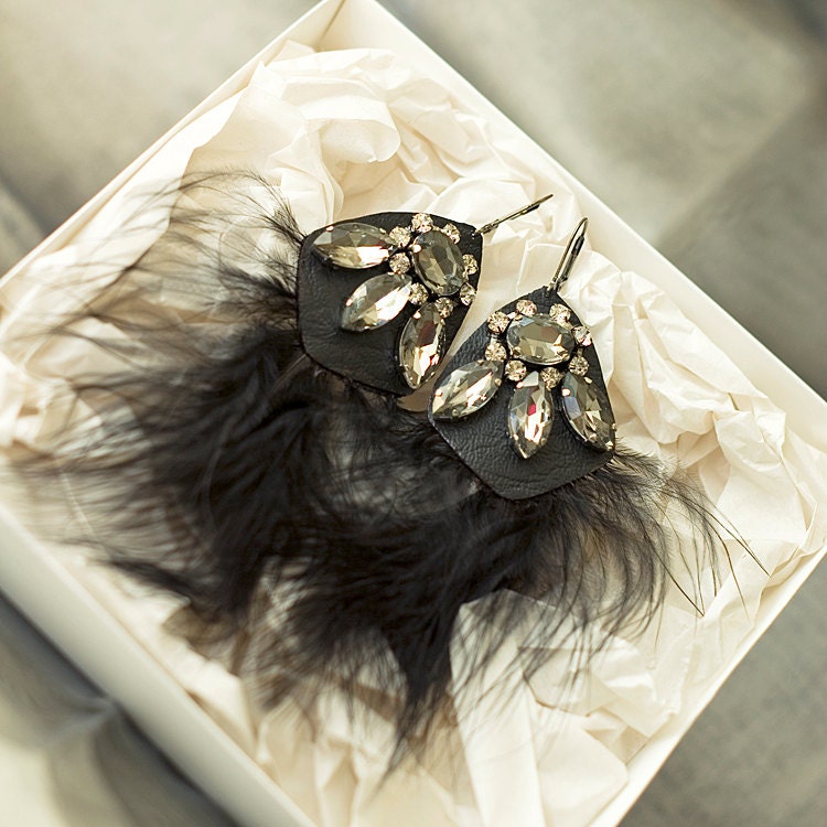 Black Diamond Crystal Feather Earring. Evening, Party Earrings. Prom Earrings. Fashion Jewellery. Evening Jewellery.