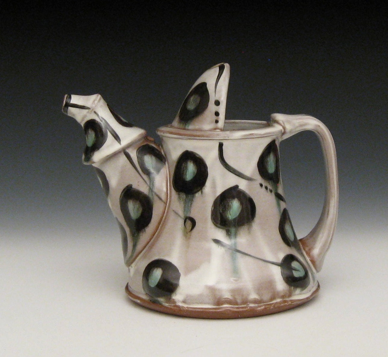 white slipped terra cotta with black and green circle design watering can / modern style