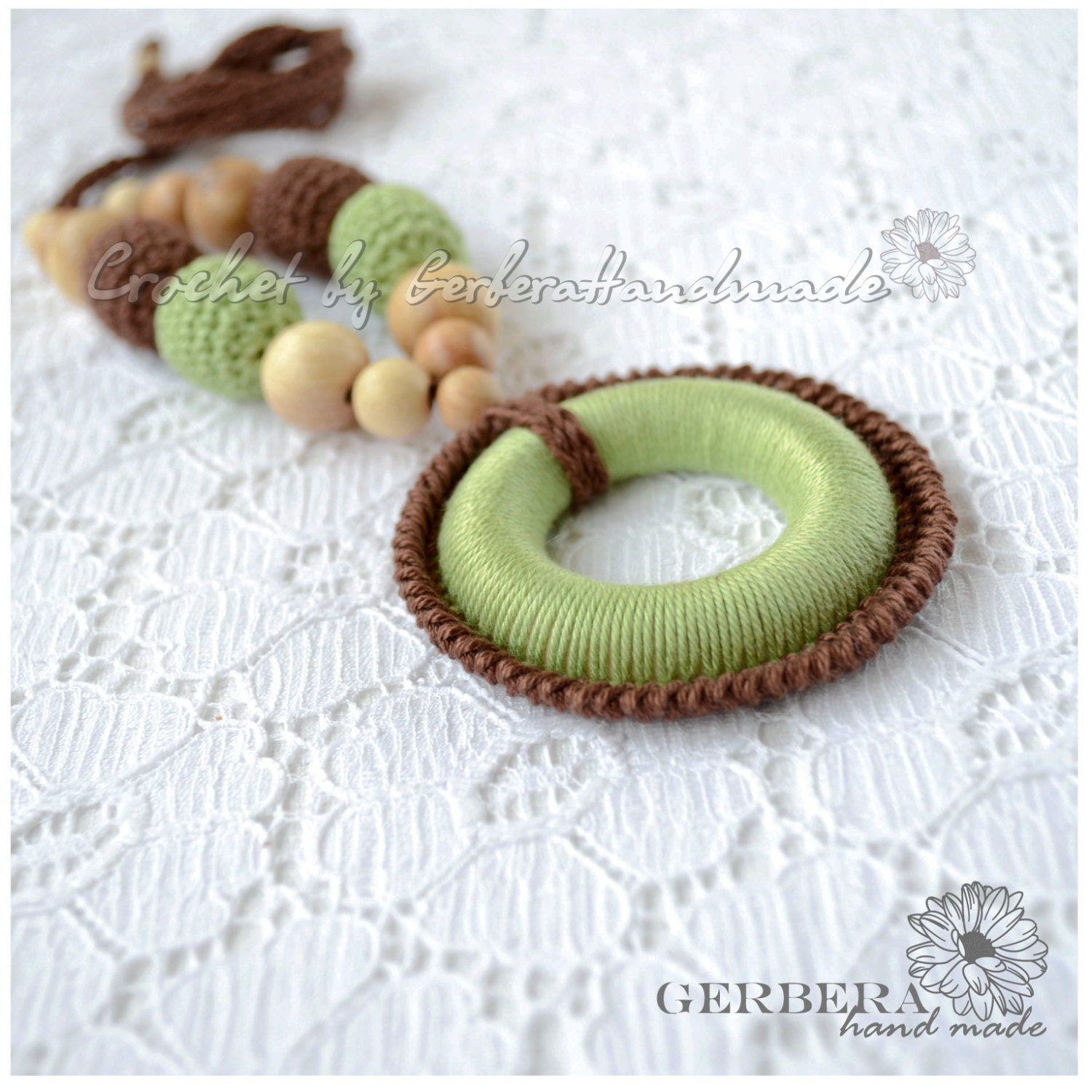 Teething necklace / Nursing necklace / Mommy necklace - pale green, brown - Necklace with ring by GerberaHandmede READY TO SHIP