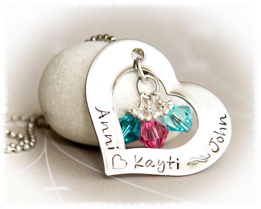Hand Stamped Heart Pendant - Crystal Pendant - Mom Jewelry