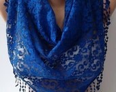 NEW- Mothers Day Gift  Cobalt - Lace Shawl/ Scarf - Headband with Lace Edge