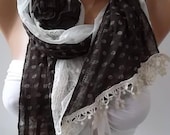 Brown - Elegance Shawl / Scarf with Lace Edge