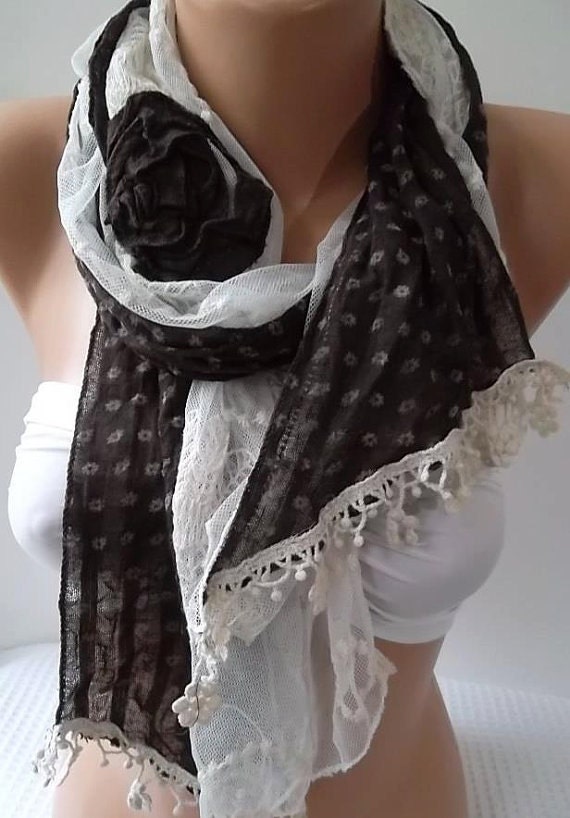 Brown - Elegance Shawl / Scarf with Lace Edge