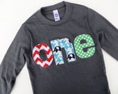 Long Sleeve Birthday Shirt  in Asphalt with chevron, elephants and green circles 1st Birthday