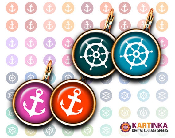 ANCHORS and BOAT'S WHEEL 12mm/15mm circles - Digital Collage Sheet Printable Download - for earrings cuff links resin glass pendants magnets