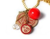 Vintage Red and Gold Coffee Token Bingo Charm Necklace