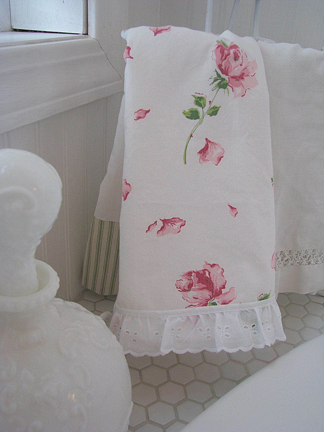 new VINTAGE stemmed roses ticking tea TOWEL  bathroom gift cottage shabby chic boutique OOAK