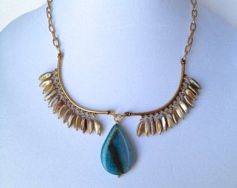 Statement Necklace with Blue Agate and Shell Stones