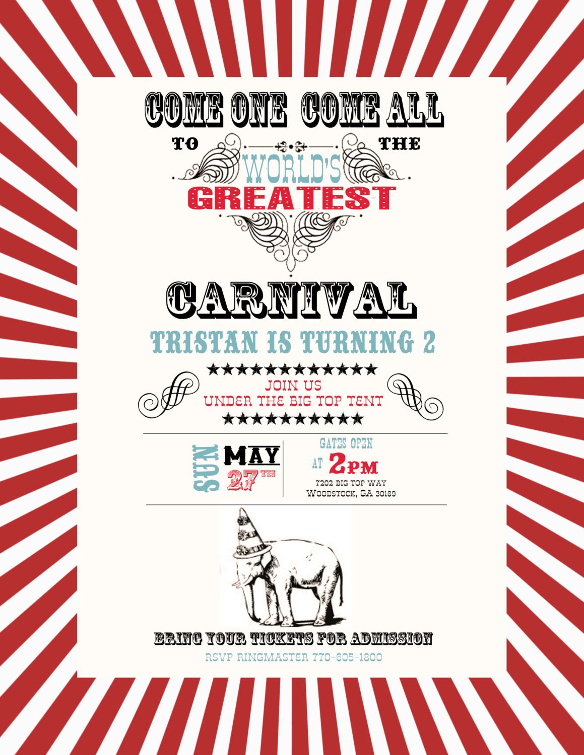 Carnival Circus Girl or Boy Birthday Party Bridal or Baby Shower Invitation Wedding Red Blue