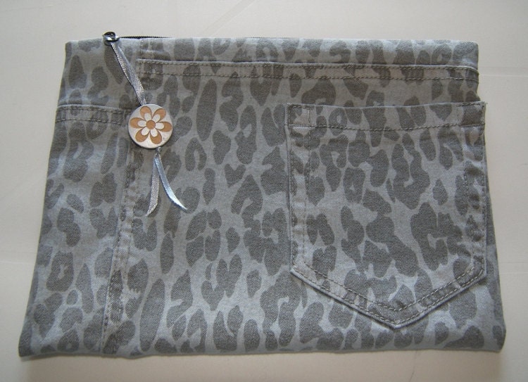 Leopard Print Grey Denim Zipper Pouch Handmade In France