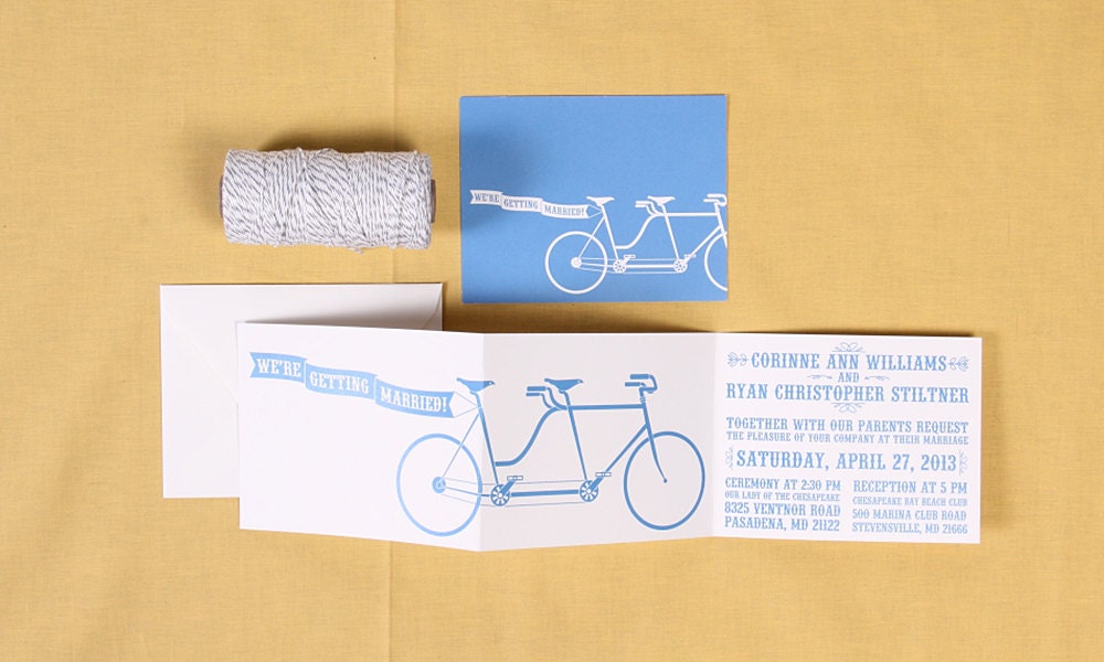 Tandem Bicycle and Banner Wedding Invitation Set