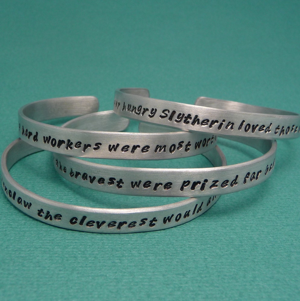 Harry Potter Inspired - Choose ONE - Hogwarts Sorting Hat - Gryffindor, Slytherin, Hufflepuff, Ravenclaw - A Hand Stamped Aluminum Bracelet