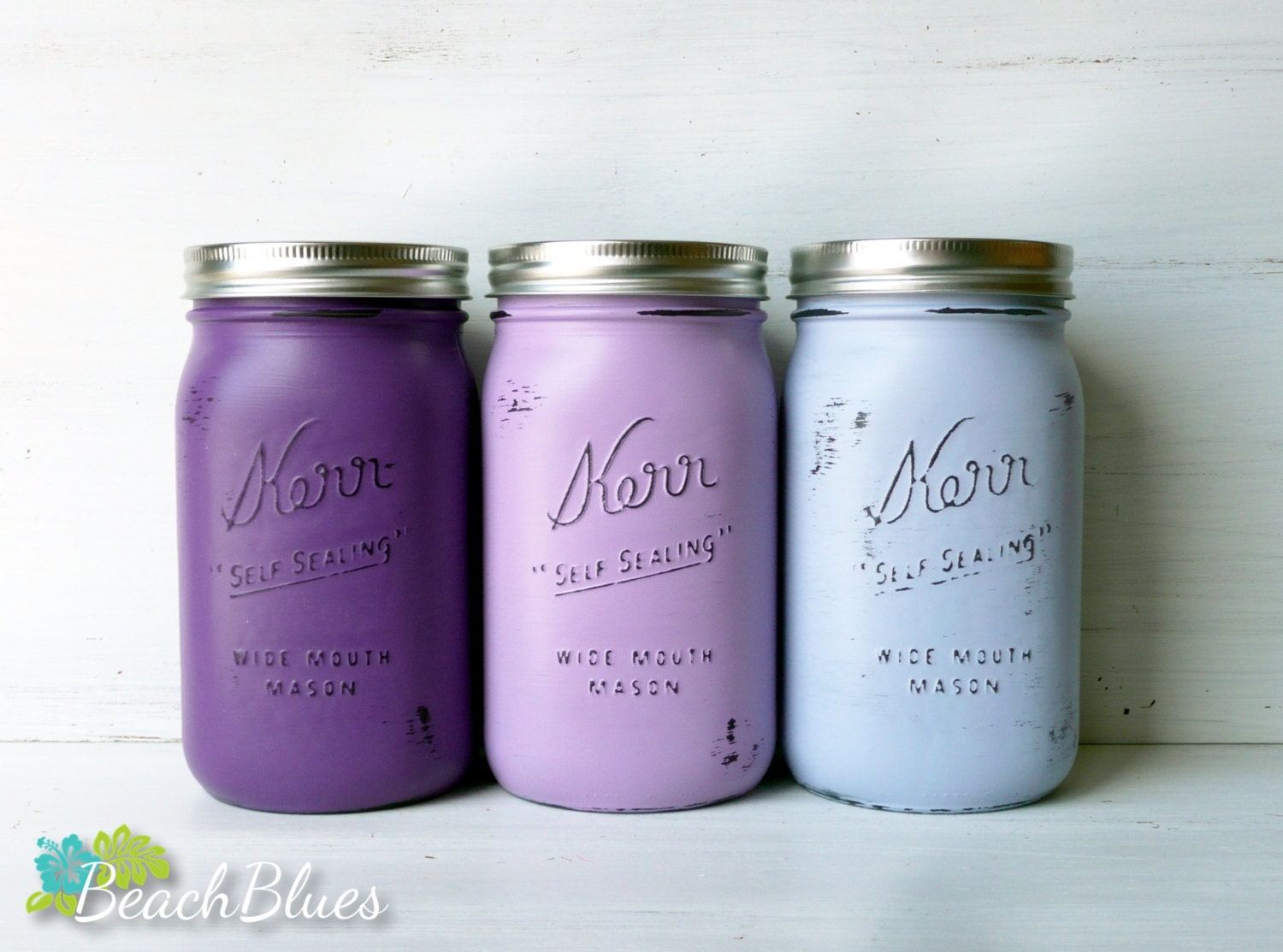 Purple Ombre / Painted and Distressed Mason Jars / Vase