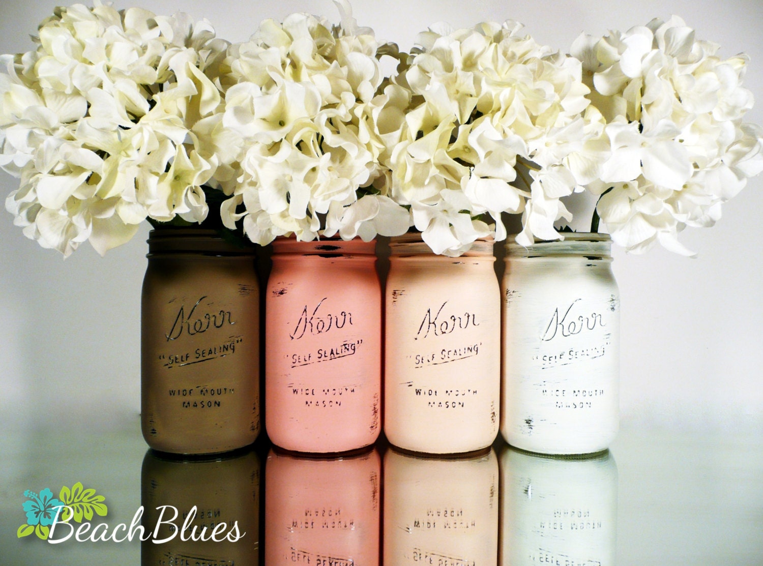 Blush and Mocha Ombre SPRING Wedding Decor - Painted and Distressed Mason Jars - Centerpiece - Vase / Home Decor
