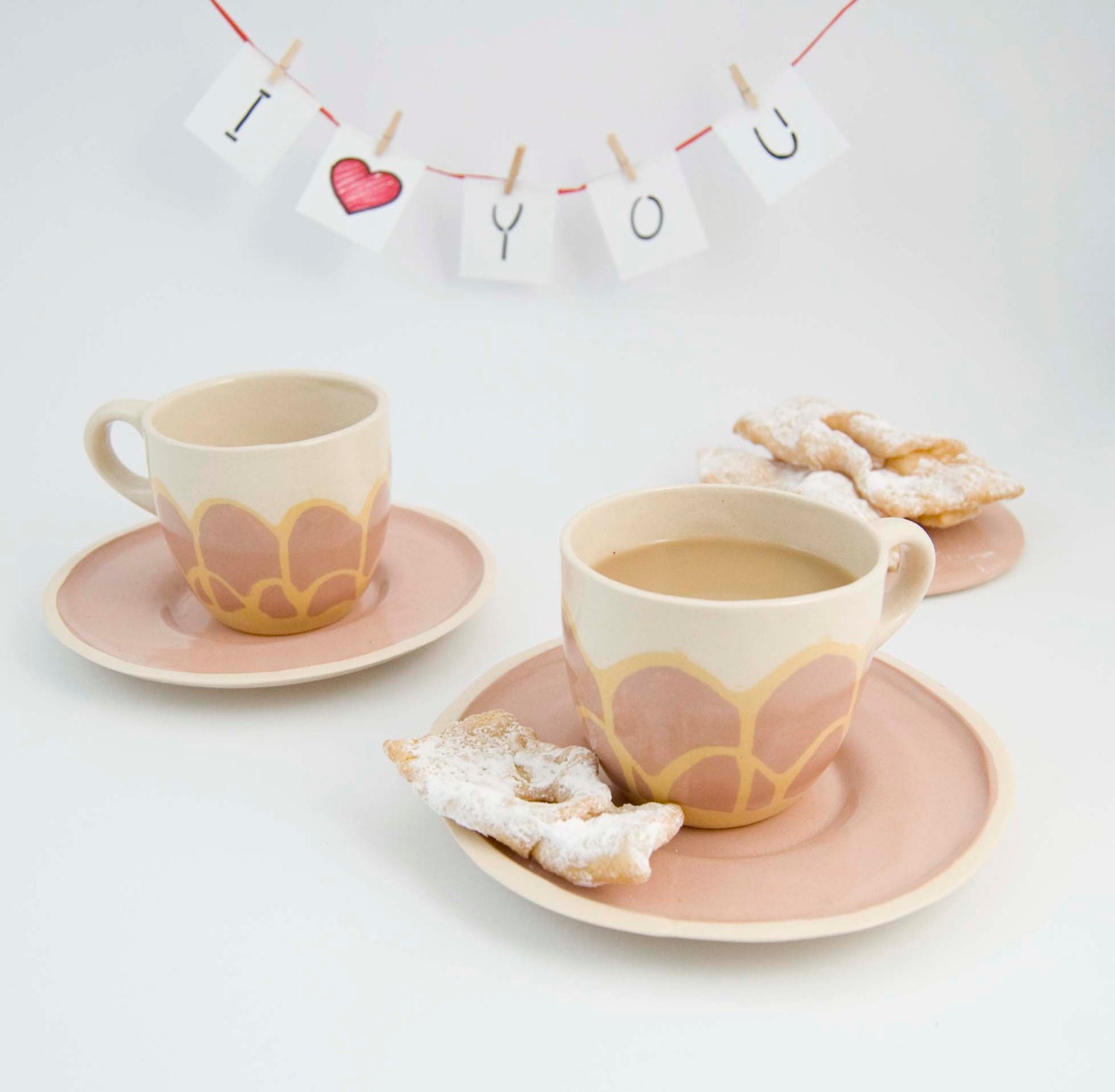 Ceramic stoneware set cup saucer coffee tea - unique handmade serving decorative textured kitchen pottery modern morning coffee - ecru pink