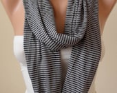 Trendy - Gray Striped Infinty Scarf  - Circle -  Loop Scarf - Combed Cotton Fabric