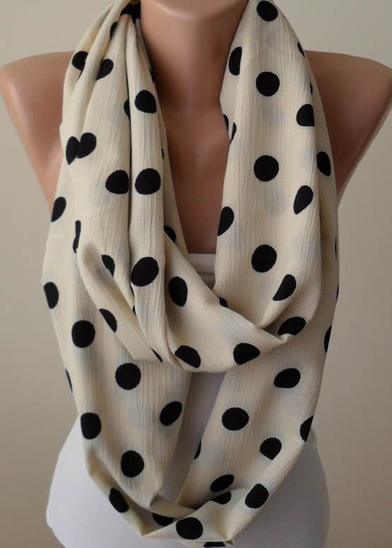 Creamy White and Black Polka Dots Infinty Scarf - Soft Cotton Fabric