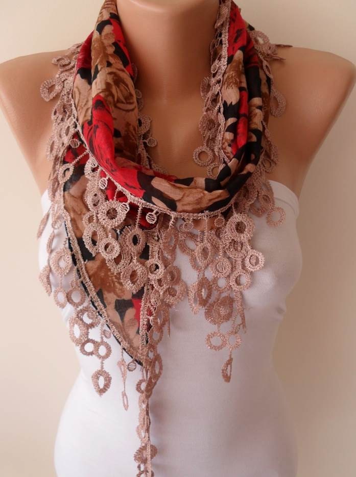 Gift Scarf - Summer Scarf  - Burgundy and Brown Scarf with Beige Trim Edge