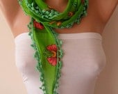 Green Scarf with pompom edge - Headband - Summer Scarf  - Thin and Lightweight Scarf