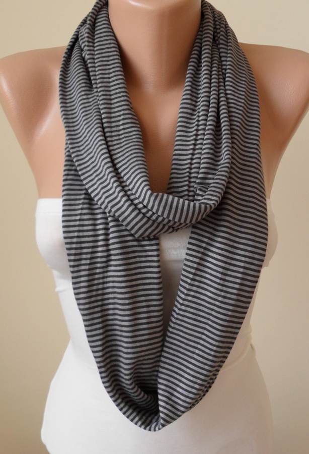 Trendy - Gray Striped Infinty Scarf  - Circle -  Loop Scarf - Combed Cotton Fabric