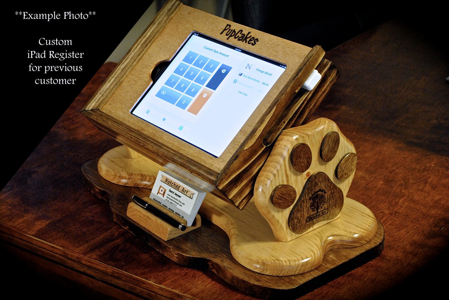 Custom designed, wooden iPad (point-of-sale) registers to work with Square, PayPal, Intuit GoPayment, VeriFone PayWare, Shopkeep 30 pin