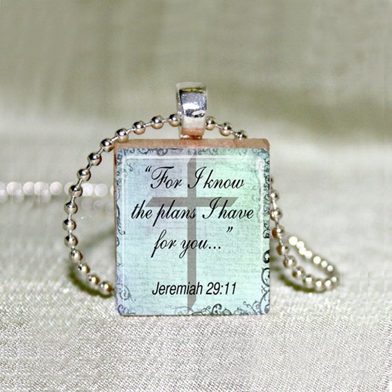 Scrabble Jewelry - Pendant -Necklace - "For I Know the Plans I Have For You" Jeremiah 29:11 - Scripture Religion Bible - Charm 17 1/2" Chain