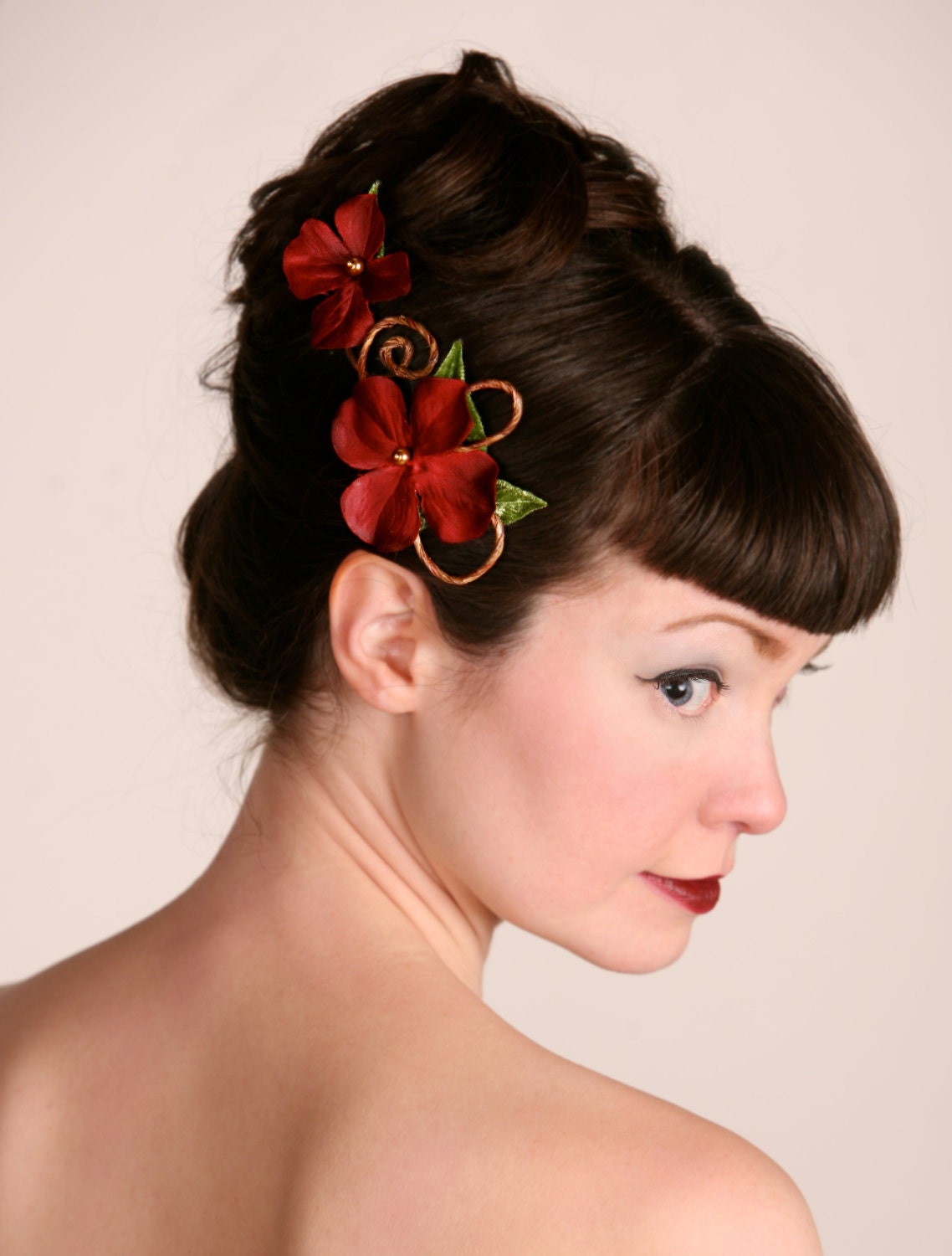 Flower Hair Clip Fascinator - Burgundy Red Flowers, Rustic Twining Branches & Velvet Leaves, Wedding