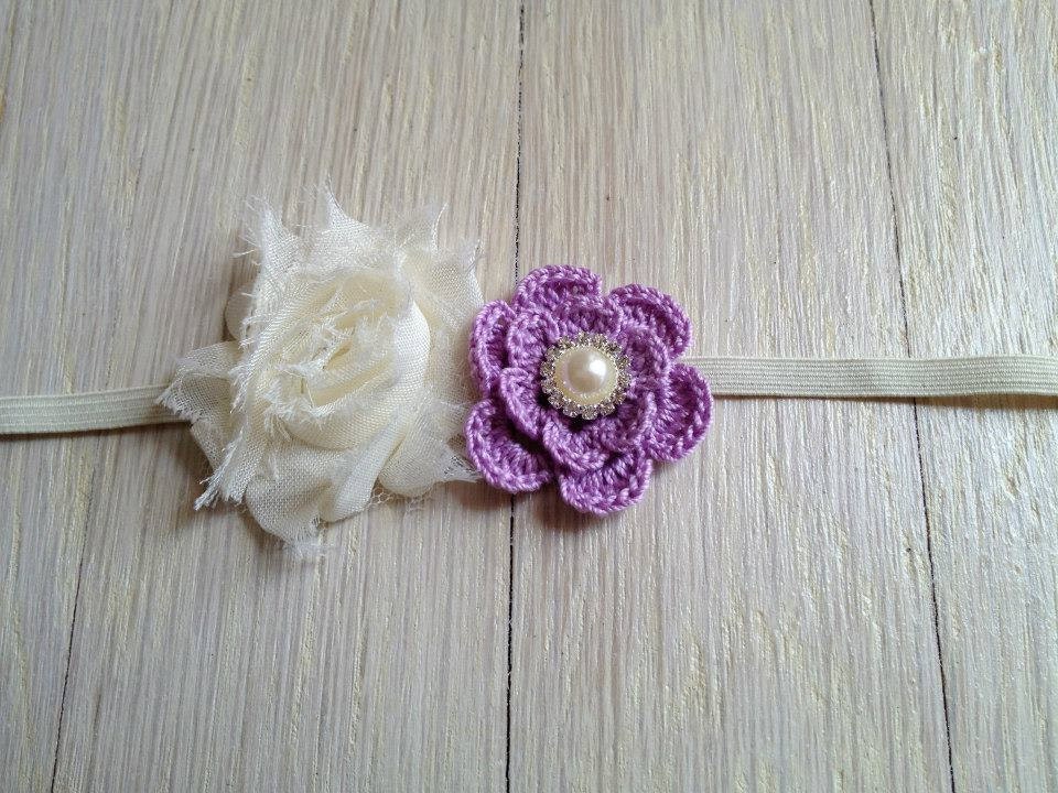 Mini Cream Shabby & Mini Purple Crochet Flower Headband