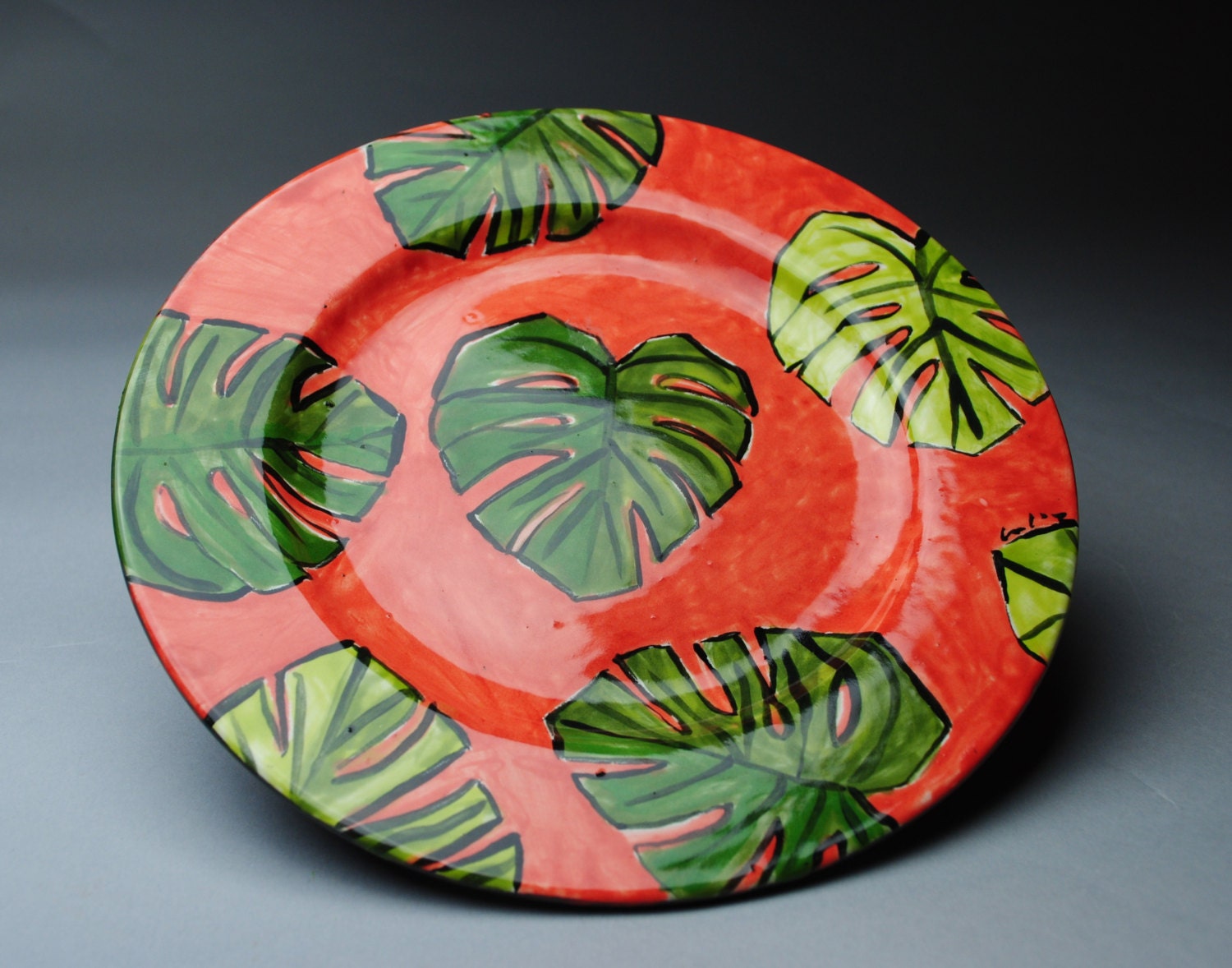 Salad Plate Red with Palm Fronds