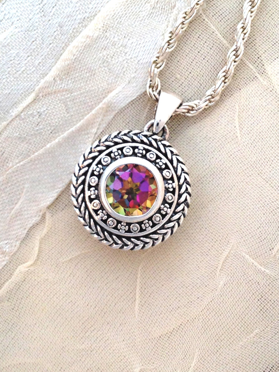 Gorgeous Mystic Topaz Pendant Necklace Pink Orange Yellow Sterling Silver Handmade Jewelry by NorthCoastCottage
