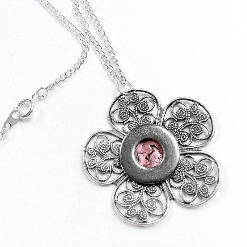 Silver Flower Necklace, Pink Jewelry, Gift for Daughter, Filigree Necklace, Pink Flower Pendant, Flower Pendant