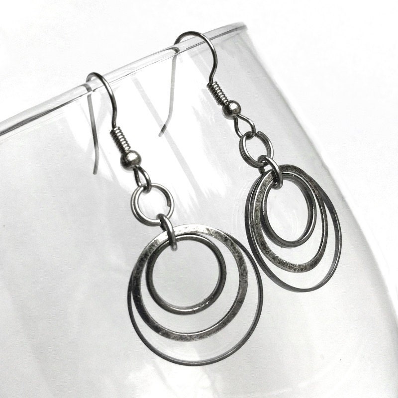 Everyday Jewelry, Distressed Silver, Gunmetal and Black Earrings, Round Dangle Layered Earrings, Modern Earrings, Gift for Girlfriend