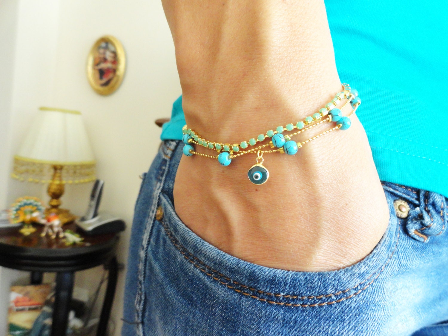 Evil eye bracelet with turquoise natural beads blue bead chain ethnic daily use jewelry best friend birthday everyday mother gift